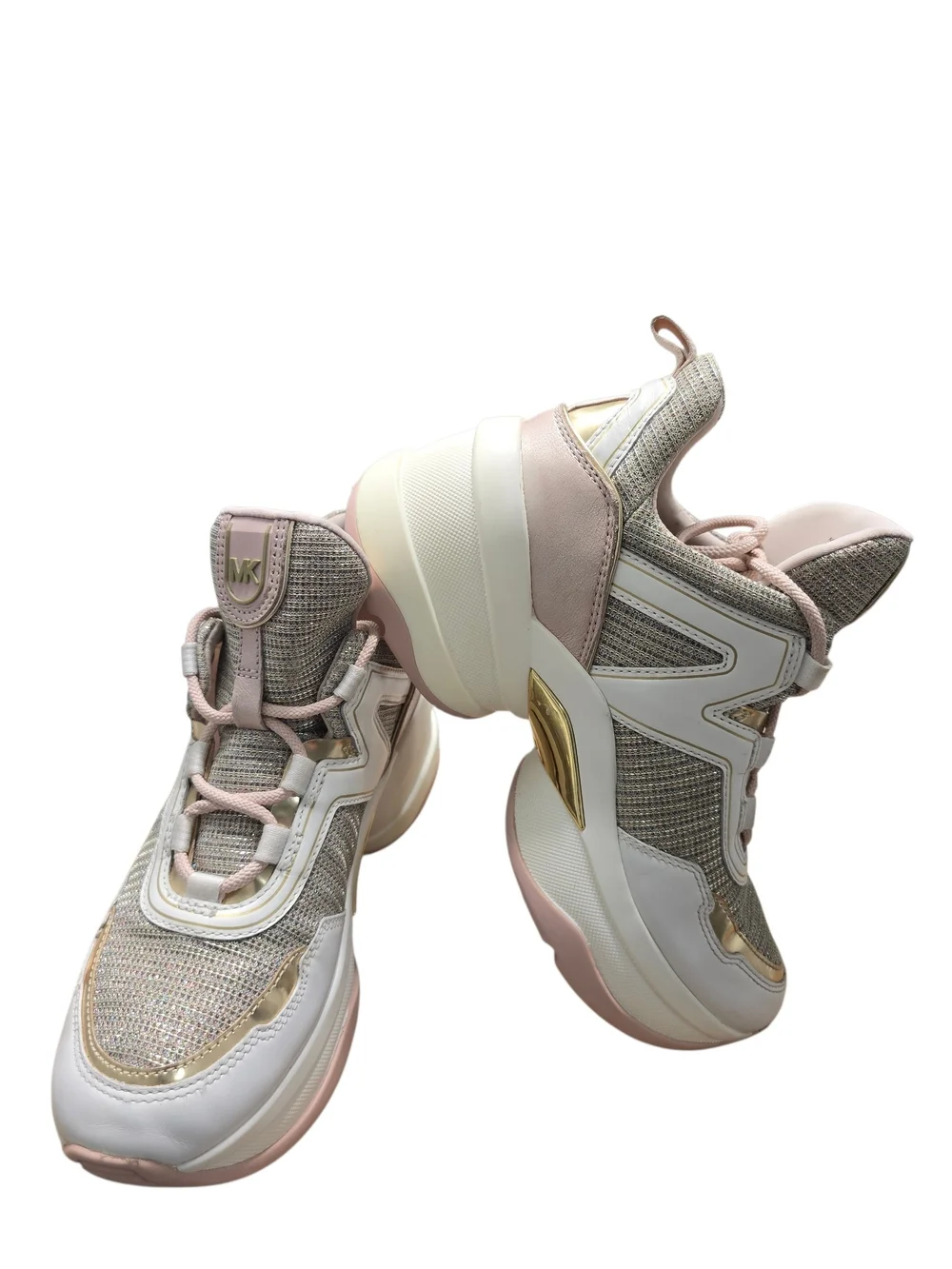 Michael Kors Olympia Women Glitter Chain-Mesh Pink and Gold Platform Sneakers 7